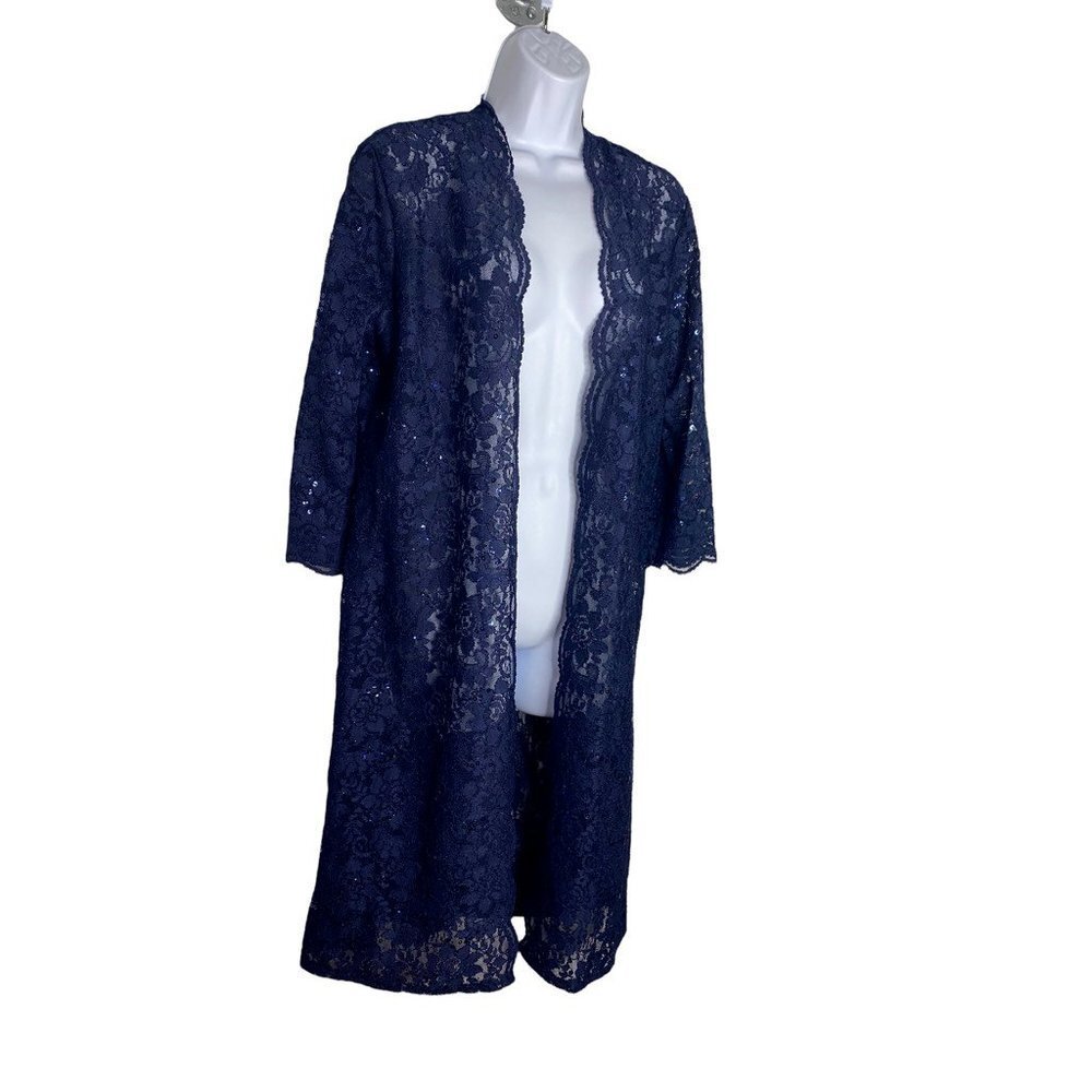 Miss Christina Womens‎ Robe Blue Floral Lace Open Front USA XL New - Picture 3 of 4